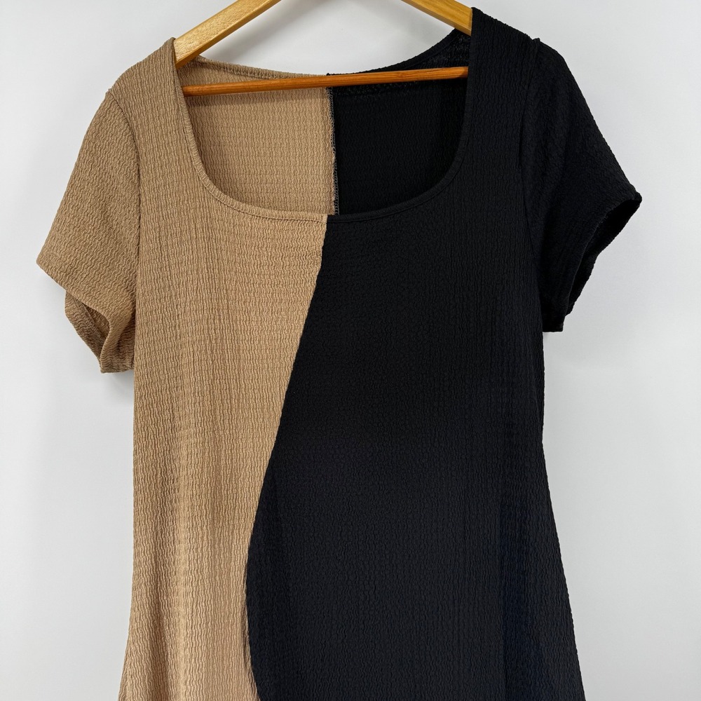 Shein Curve 2XL Maxi Dress Black Tan Color Block Slit Seersucker - Picture 3 of 10